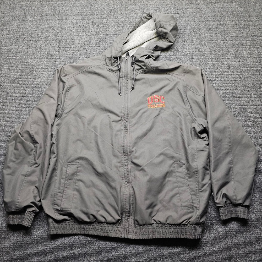 Champion USC Trojans Hooded Windbreaker Jacket Gray Mens Large Full Zip Lined
